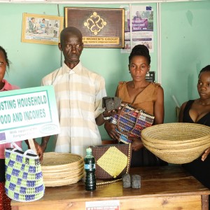 Women in kaiso display their hand work materials that boost their income